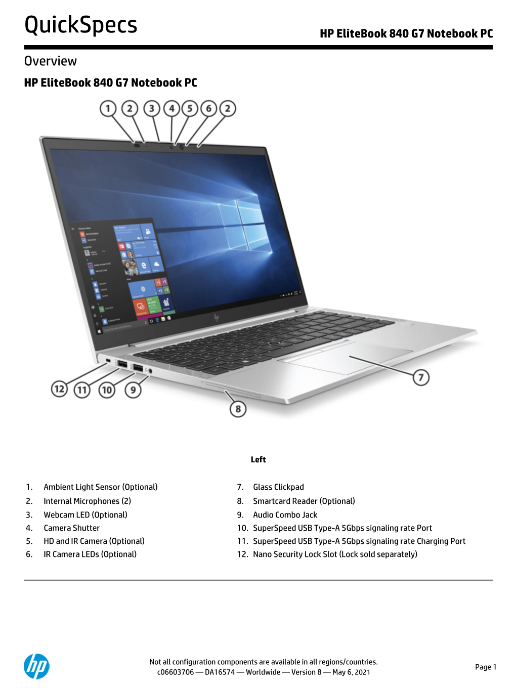 HP Elitebook 840 G7 Notebook PC, Worlwide, Quickspec
