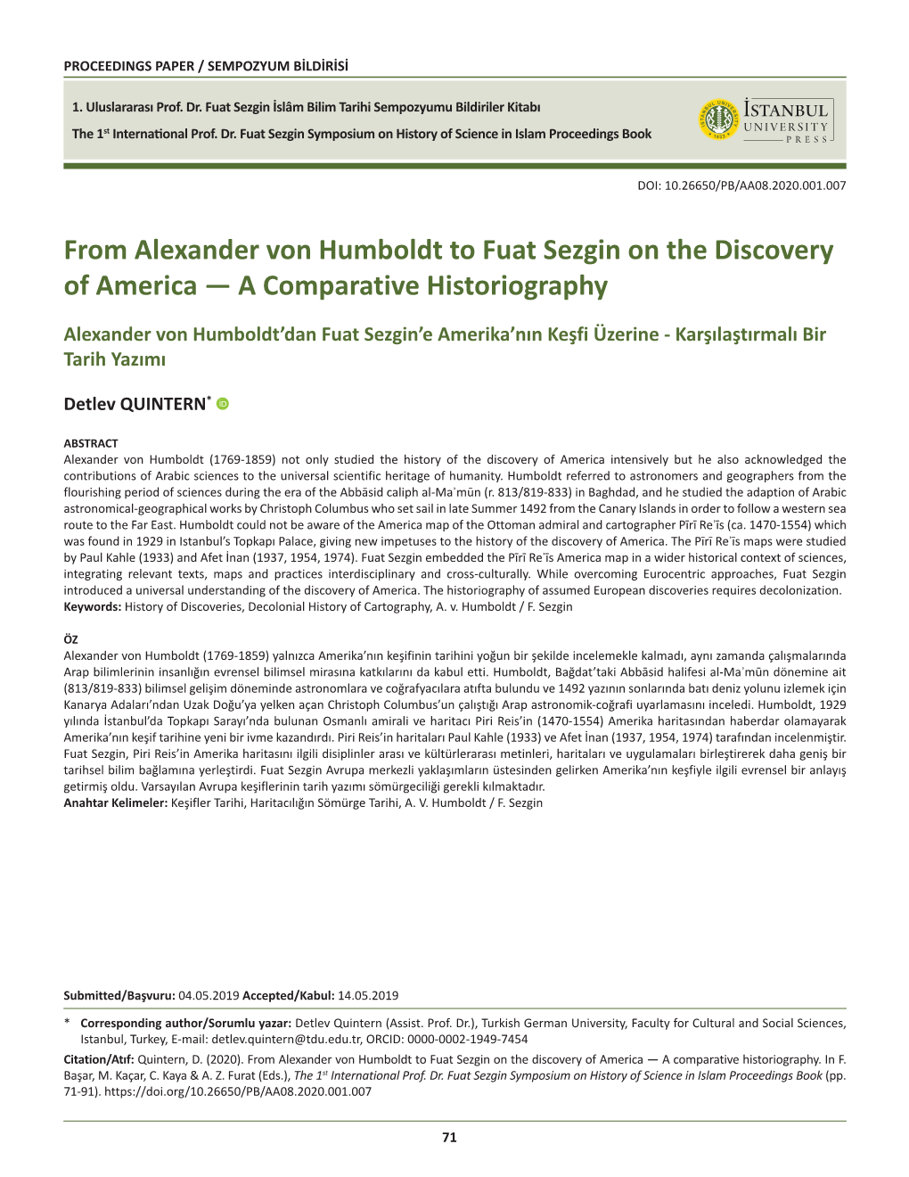 From Alexander Von Humboldt to Fuat Sezgin on the Discovery of America — a Comparative Historiography