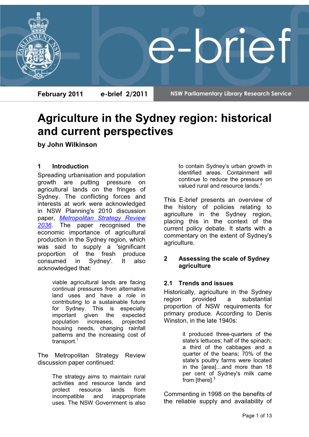 Agriculture in the Sydney Region: Historical and Current Perspectives by John Wilkinson