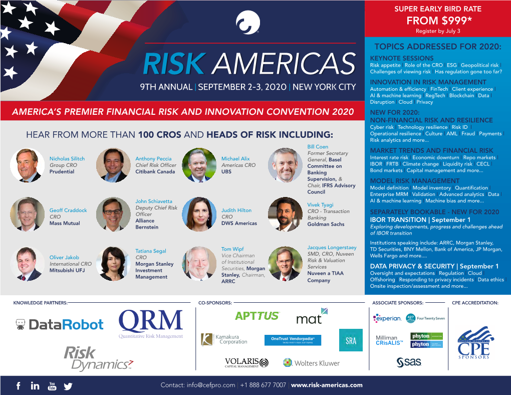 RISK AMERICAS | 9TH ANNUAL | SEPTEMBER 2-3, 2020 | NEW YORK CITY SUPER EARLY BIRD RATE from $999* Register by July 3