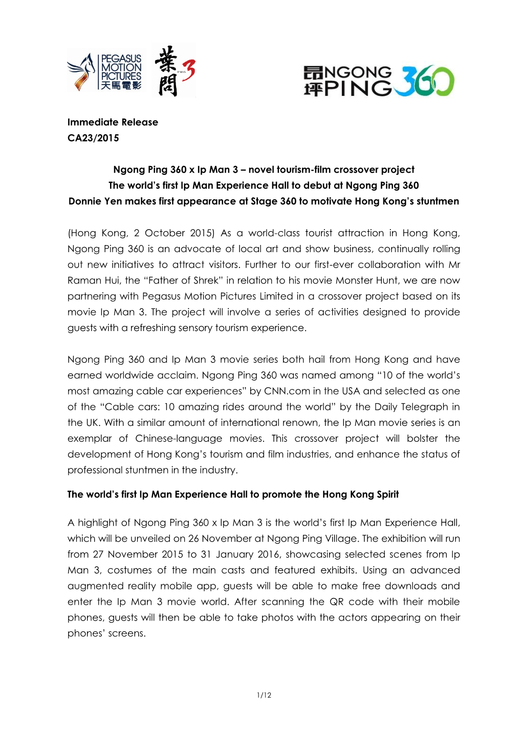 Immediate Release CA23/2015 Ngong Ping 360 X Ip Man 3 – Novel