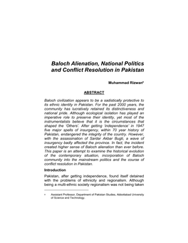 Baloch Alienation, National Politics and Conflict Resolution in Pakistan