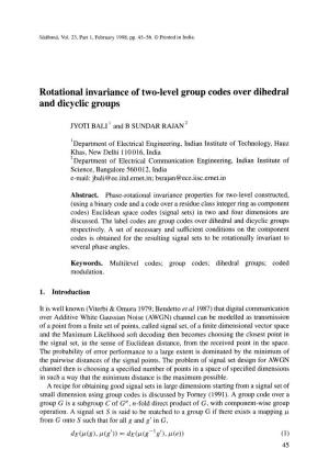 Rotational Invariance of Two-Level Group Codes Over Dihedral and Dicyclic Groups