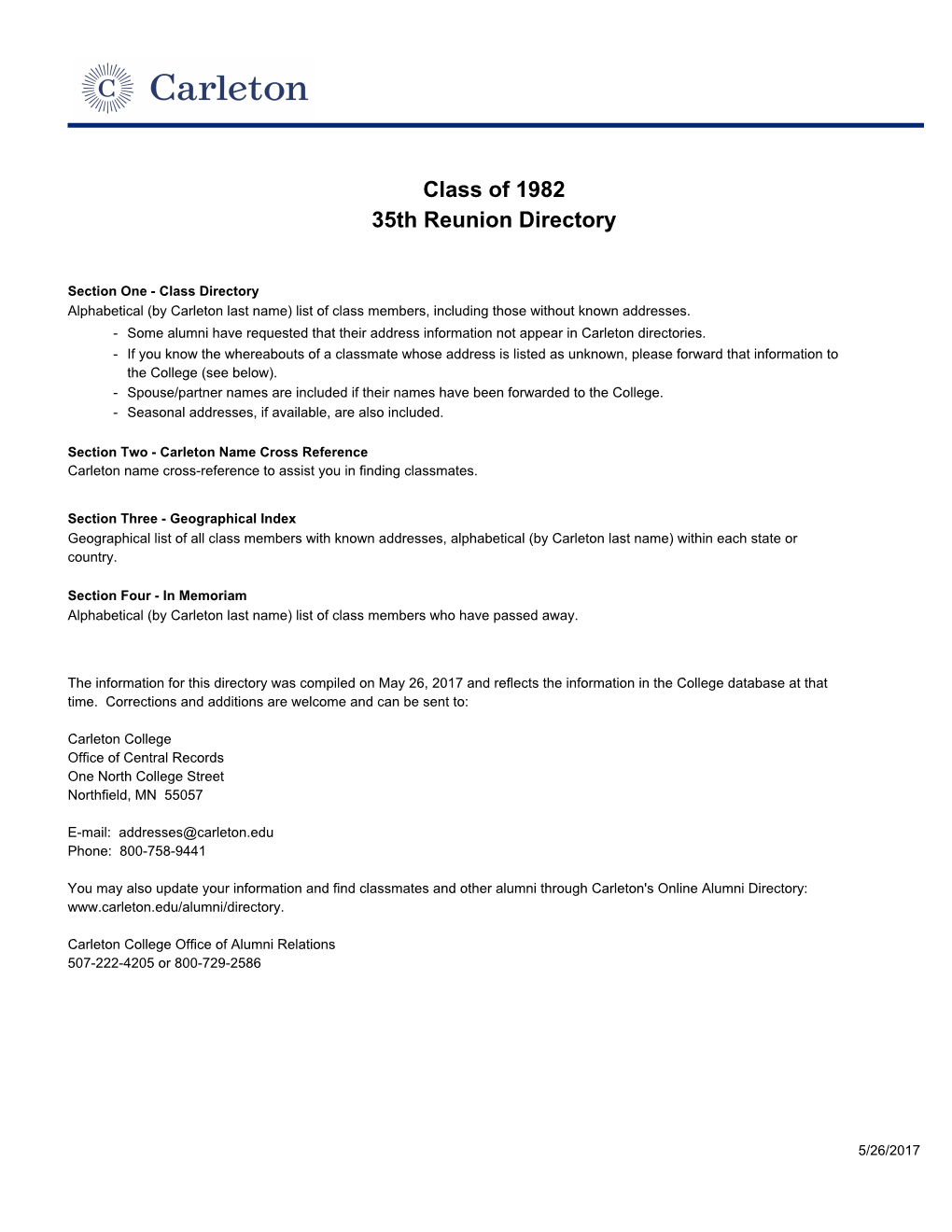 35Th Reunion Directory Class of 1982