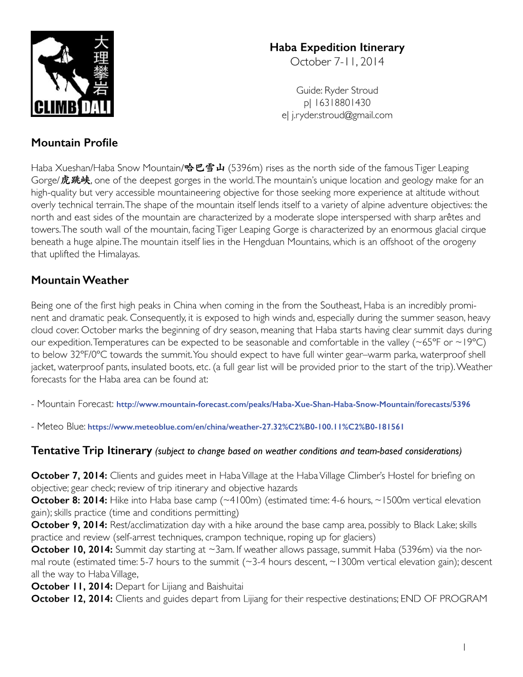 Haba Expedition Itinerary October 7-11, 2014 Mountain Weather
