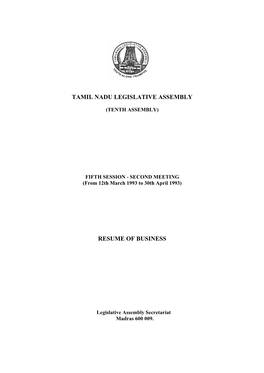 Tamil Nadu Legislative Assembly Resume of Business