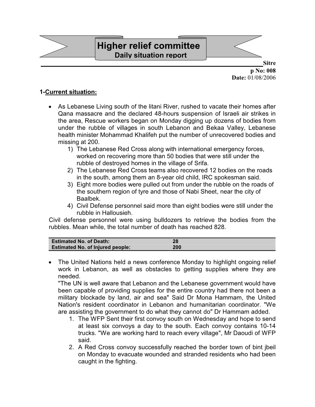 Higher Relief Committee Daily Situation Report Sitre P No: 008 Date: 01/08/2006