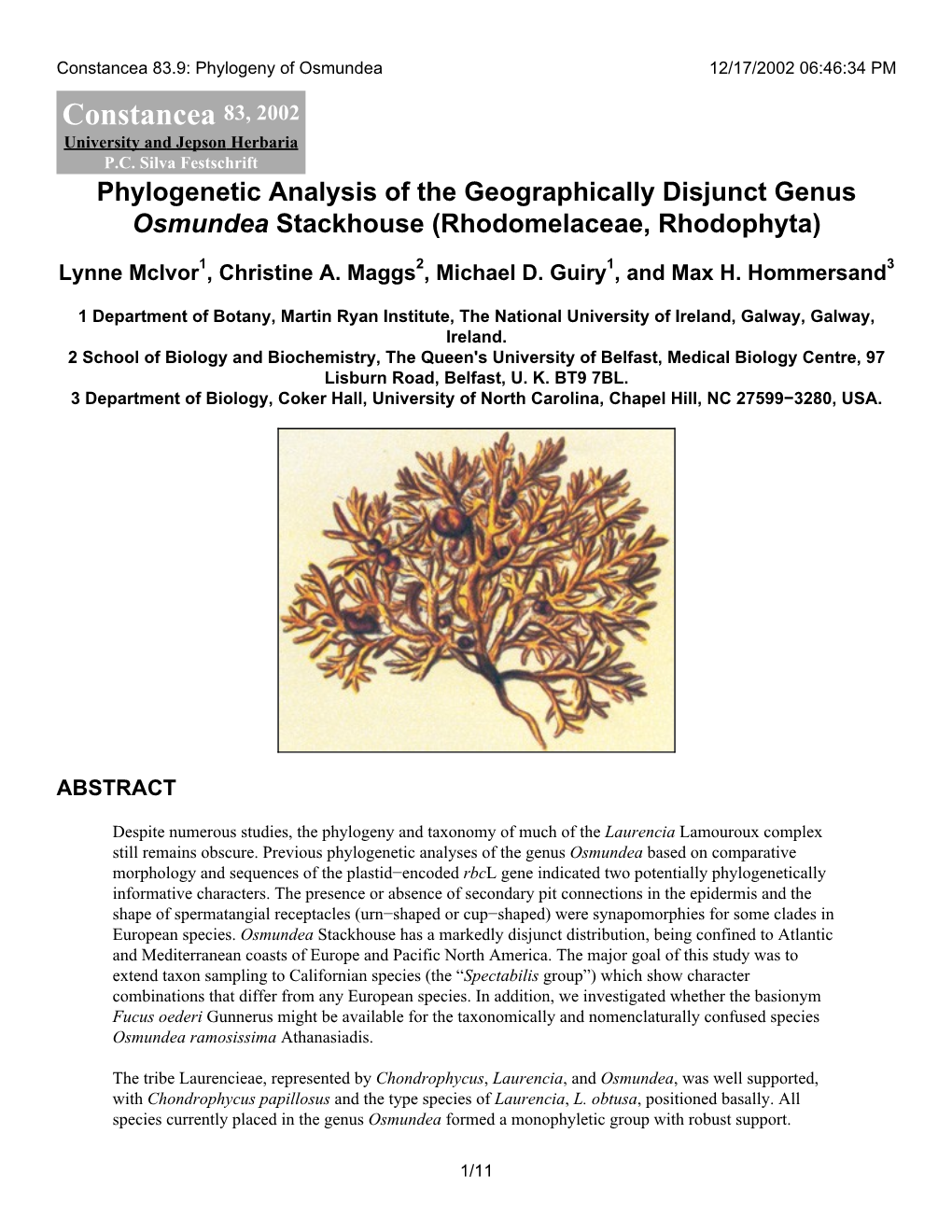 Constancea 83.9: Phylogeny of Osmundea 12/17/2002 06:46:34 PM Constancea 83, 2002 University and Jepson Herbaria P.C