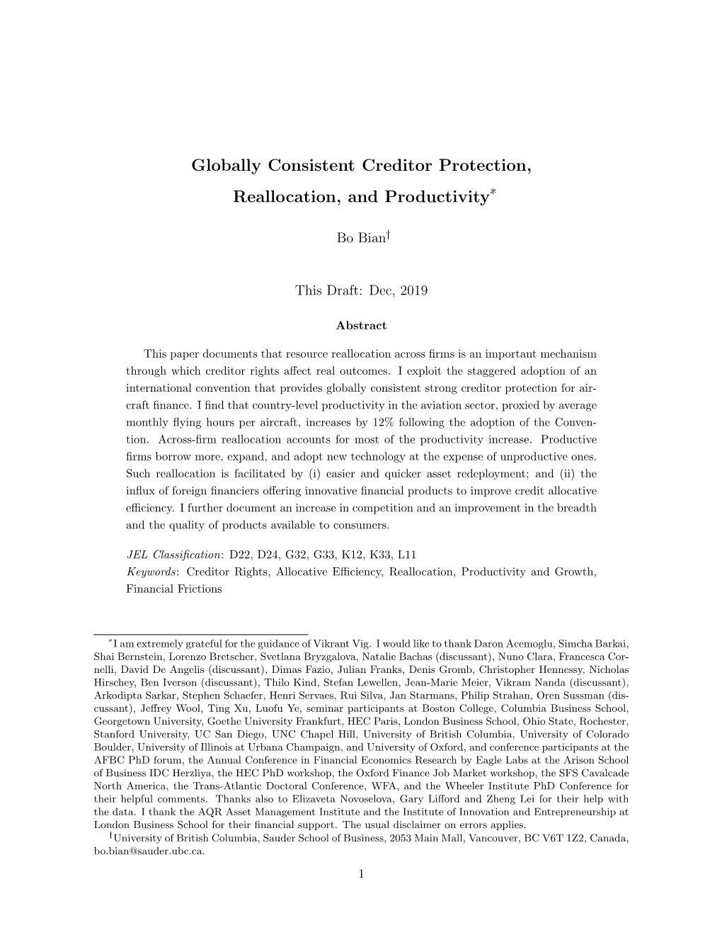 Globally Consistent Creditor Protection, Reallocation, and Productivity