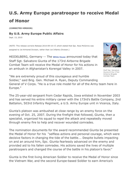 U.S. Army Europe Paratrooper to Receive Medal of Honor