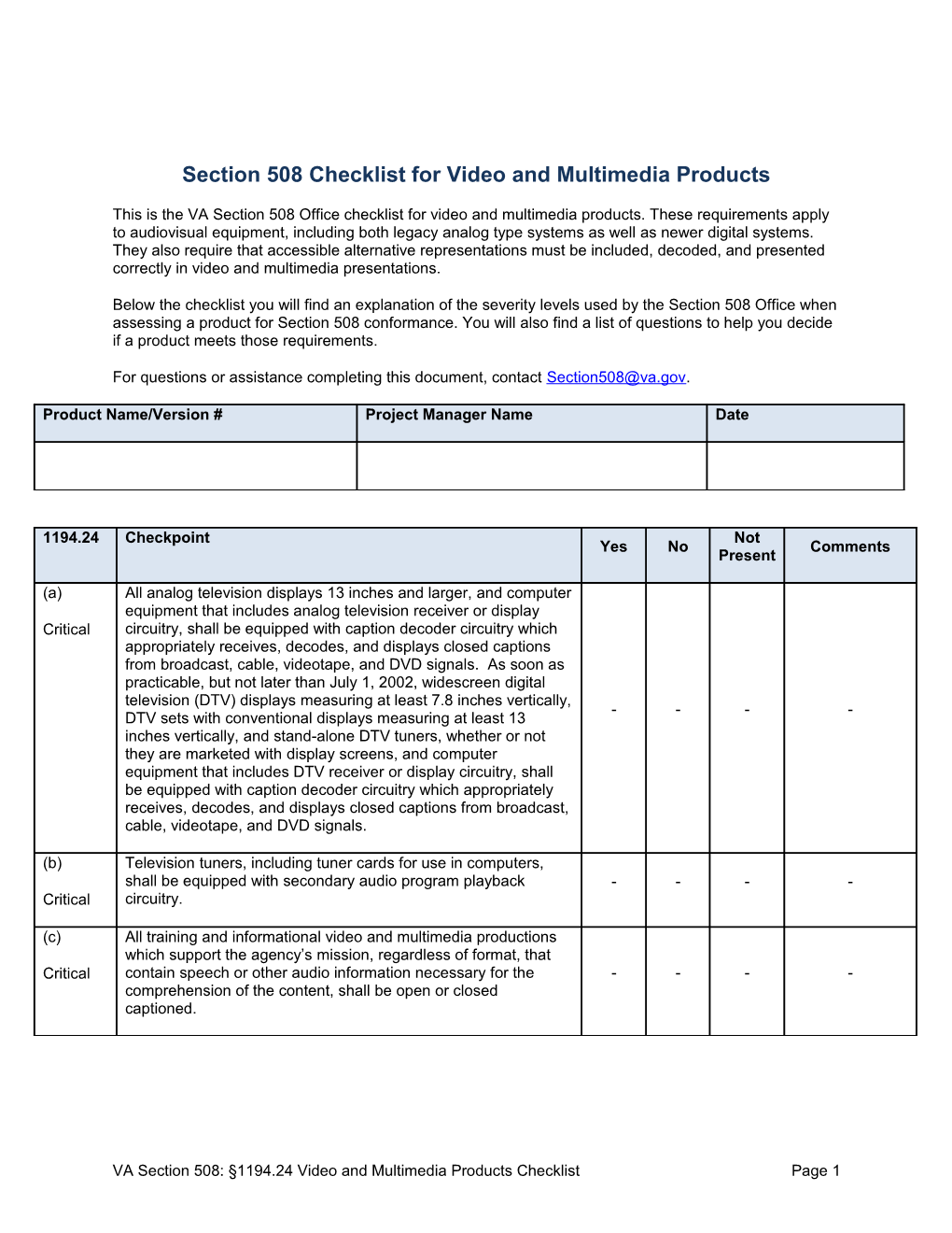 Section 508 Checklist For Video And Multimedia Products