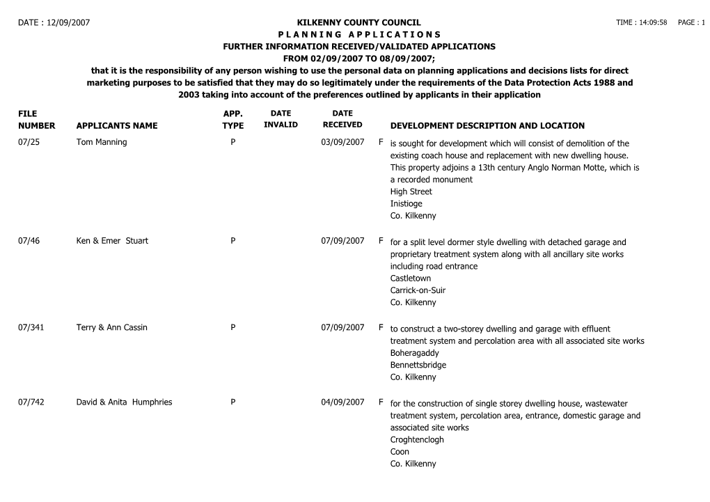 File Number Date : 12/09/2007 Kilkenny County Council