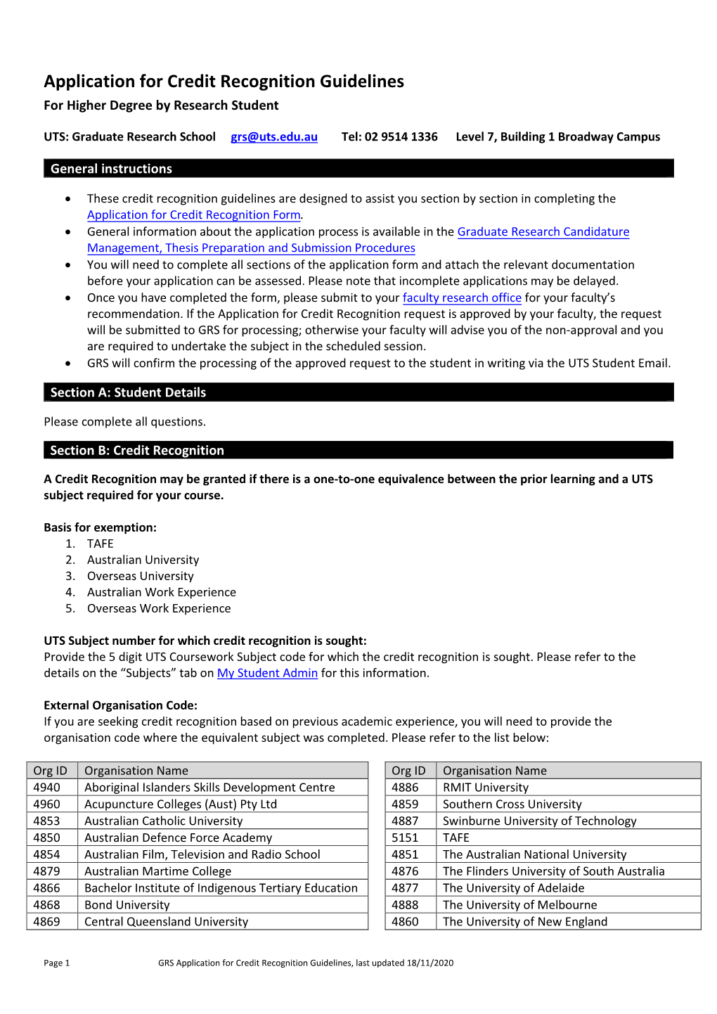 Application for Credit Recognition Guidelines for Higher Degree by Research Student