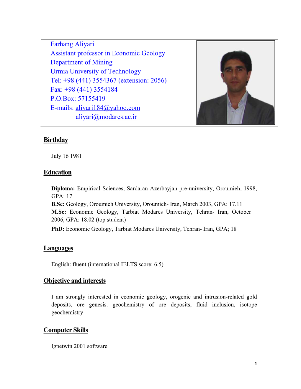 Farhang Aliyari Assistant Professor in Economic Geology Department Of