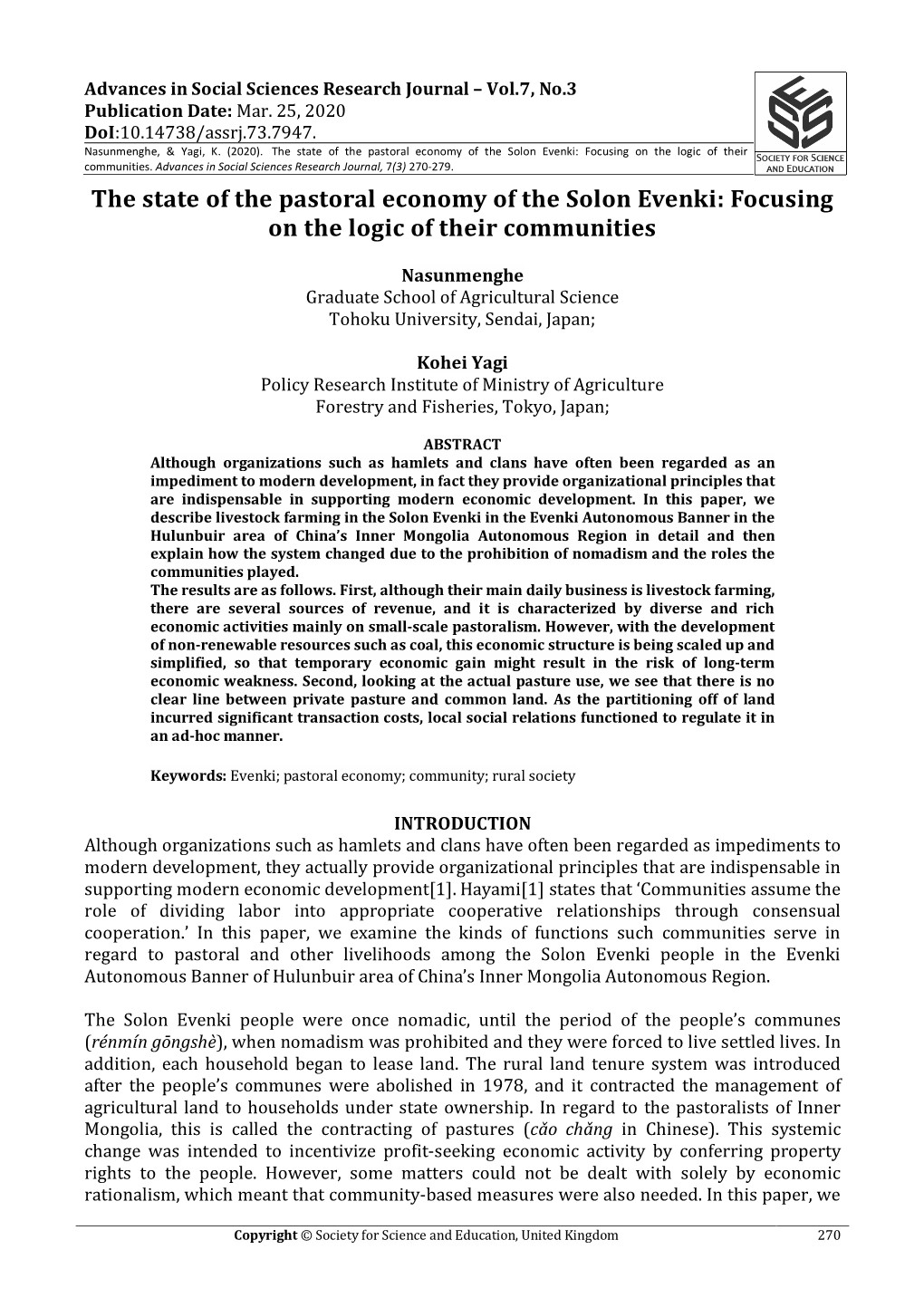 The State of the Pastoral Economy of the Solon Evenki: Focusing on the Logic of Their Communities