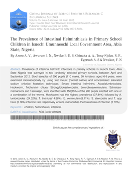 The Prevalence of Intestinal Helminthiasis in Primary School Children in Isuochi Umunneochi Local Government Area, Abia State, Nigeria by Azoro A