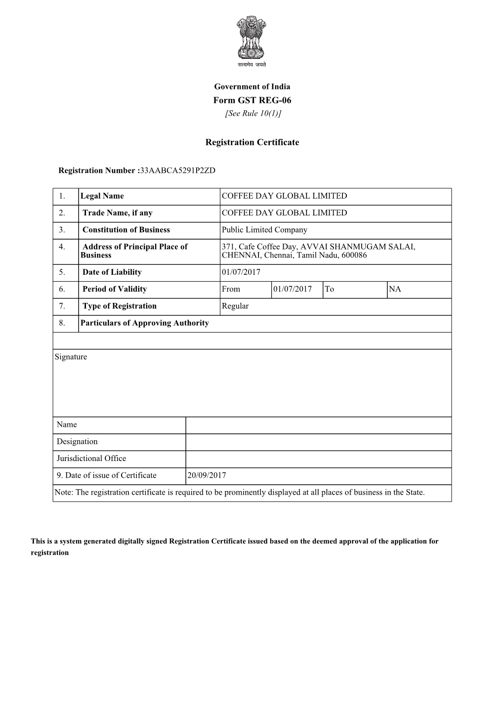 Form GST REG-06 Registration Certificate