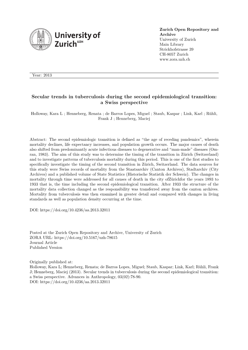 Secular Trends in Tuberculosis During the Second Epidemiological Transition: a Swiss Perspective