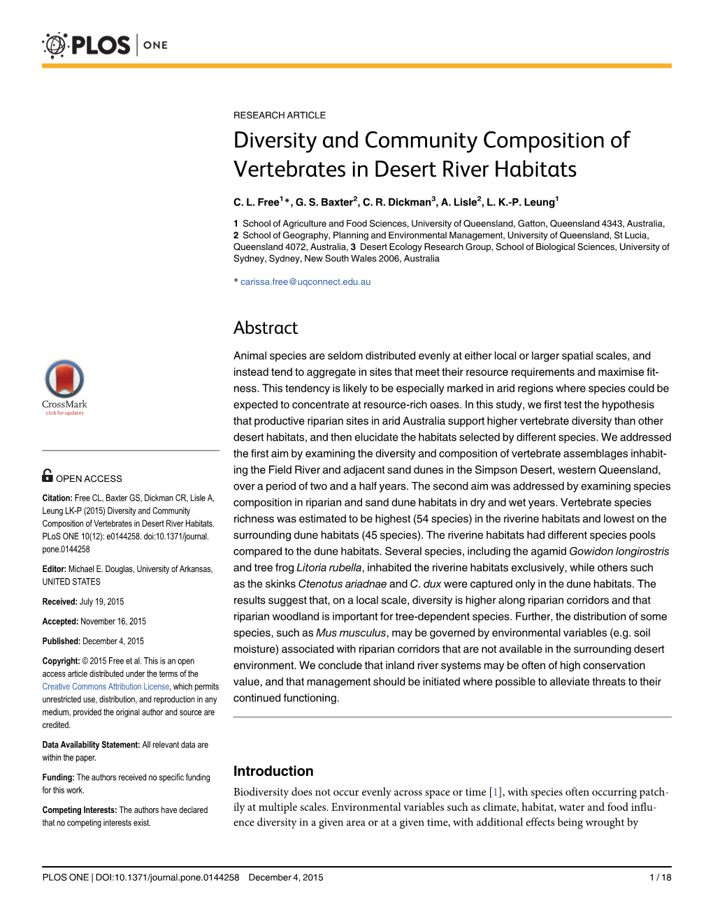 Diversity and Community Composition of Vertebrates in Desert River Habitats