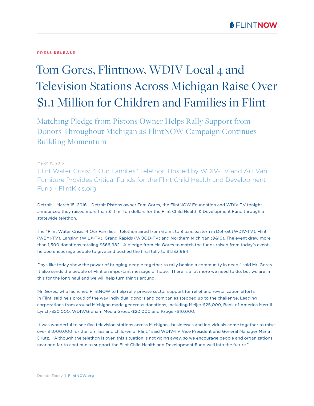 Tom Gores, Flintnow, WDIV Local 4 and Television Stations Across Michigan Raise Over $1.1 Million for Children and Families in F