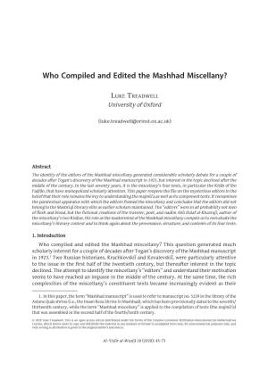 Who Compiled and Edited the Mashhad Miscellany?