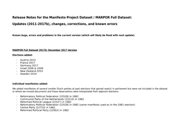 Release Notes for the Manifesto Project Dataset / MARPOR Full Dataset