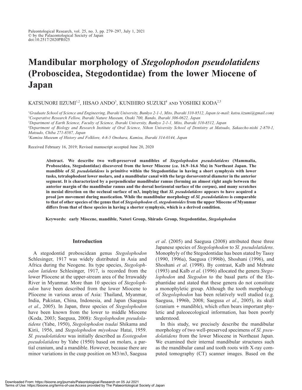 Mandibular Morphology of Stegolophodon Pseudolatidens (Proboscidea, Stegodontidae) from the Lower Miocene of Japan