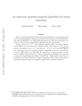 An Improved Quantum-Inspired Algorithm for Linear Regression Arxiv:2009.07268V2 [Cs.DS] 28 Sep 2020