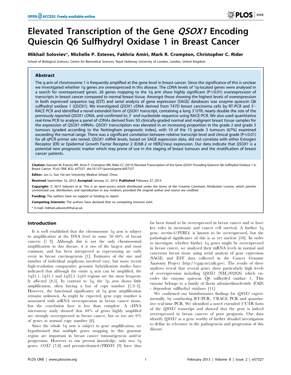 Elevated Transcription of the Gene QSOX1 Encoding Quiescin Q6 Sulfhydryl Oxidase 1 in Breast Cancer