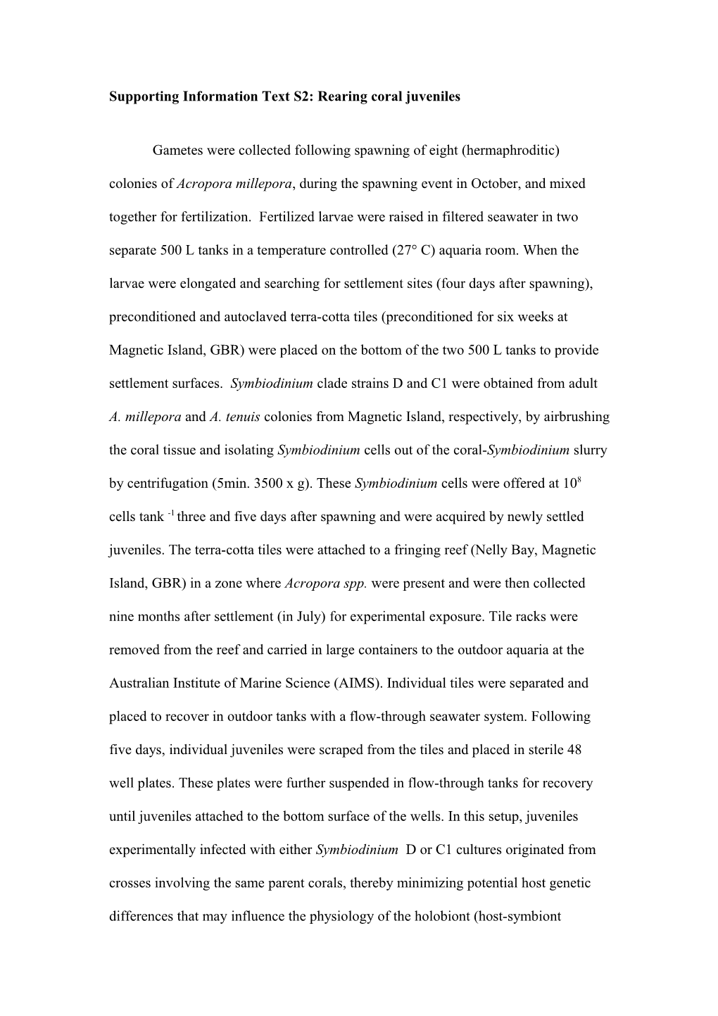 Supporting Information Text S2: Rearing Coral Juveniles