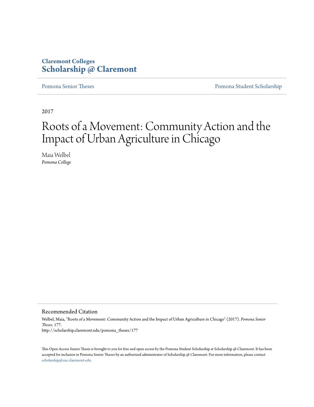 Community Action and the Impact of Urban Agriculture in Chicago Maia Welbel Pomona College