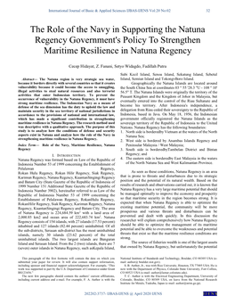 The Role of the Navy in Supporting the Natuna Regency Government's Policy to Strengthen Maritime Resilience in Natuna Regency