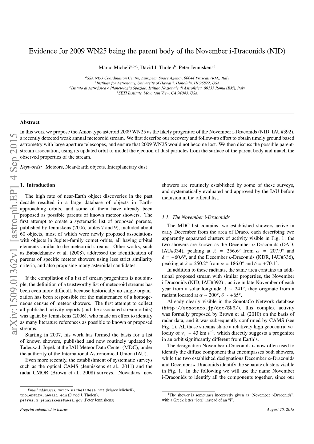 Evidence for 2009 WN25 Being the Parent Body of the November I-Draconids (NID)