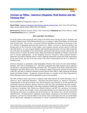 Verrone on Milne, 'America's Rasputin: Walt Rostow and the Vietnam War'