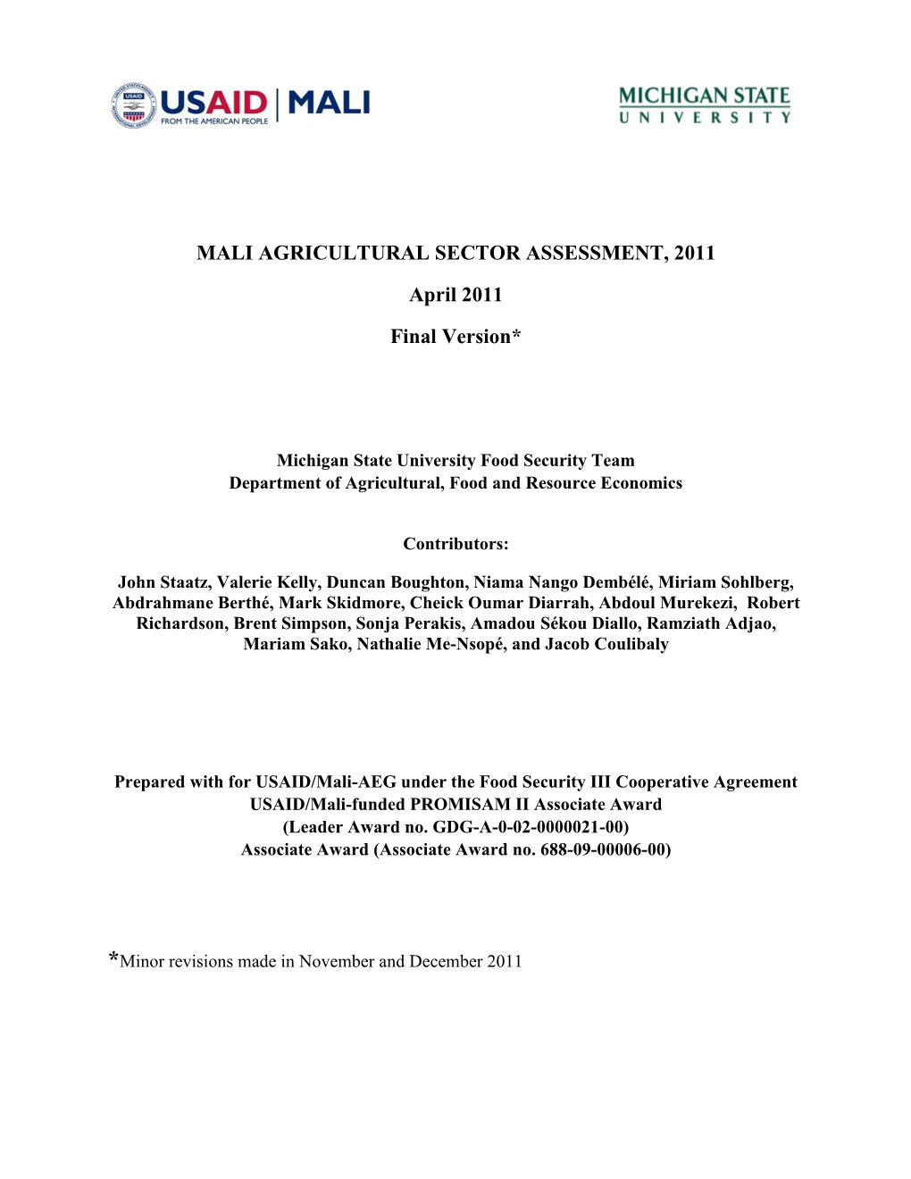 Mali Agricultural Sector Assessment, 2011