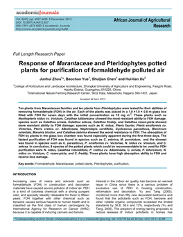 Response of Marantaceae and Pteridophytes Potted Plants for Purification of Formaldehyde Polluted Air