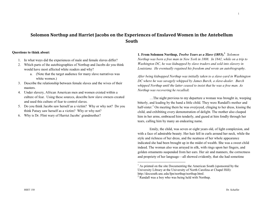 Solomon Northup and Harriet Jacobs on the Experiences of Enslaved Women in the Antebellum South