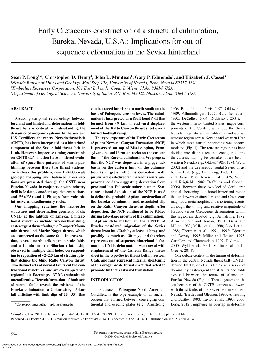 Early Cretaceous Construction of a Structural Culmination, Eureka, Nevada, U.S.A.: Implications for Out-Of- Sequence Deformation in the Sevier Hinterland