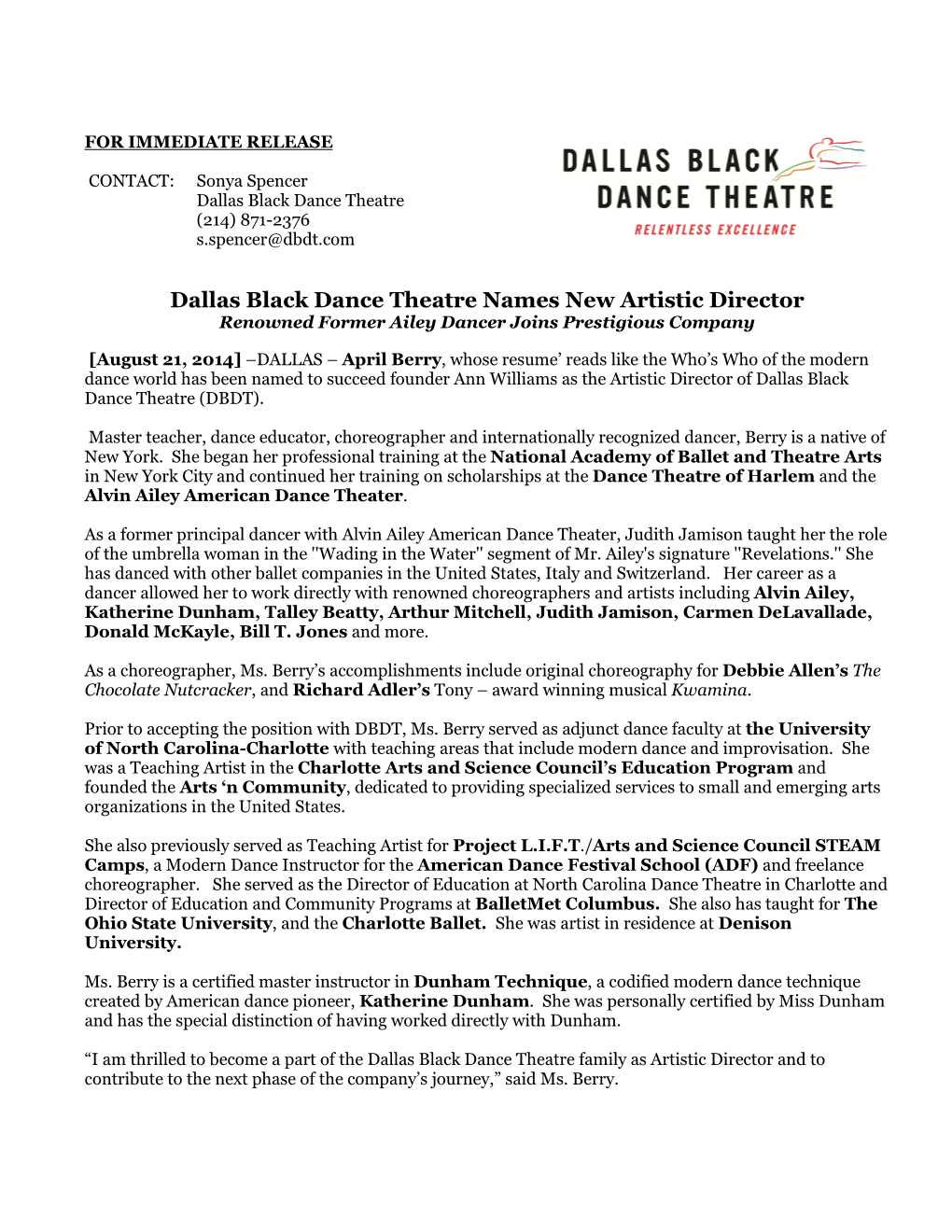 Dallas Black Dance Theatre Names New Artistic Director Renowned Former Ailey Dancer Joins Prestigious Company