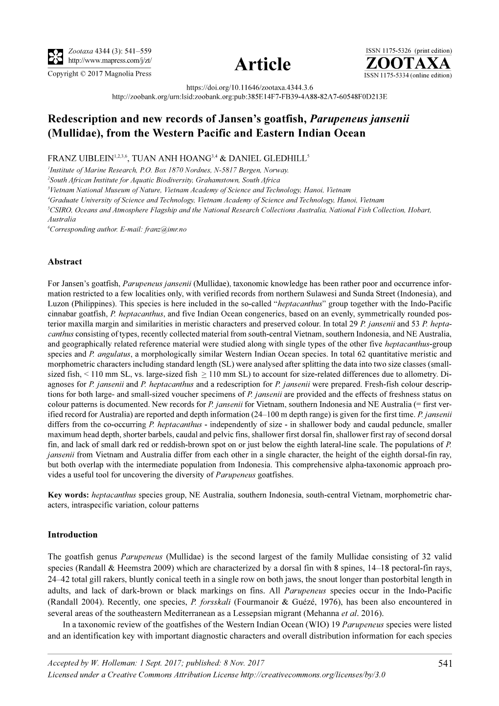 Redescription and New Records of Jansen's Goatfish, Parupeneus