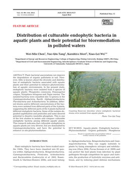 Distribution of Culturable Endophytic Bacteria in Aquatic Plants and Their Potential for Bioremediation in Polluted Waters