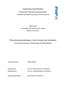 Fachhochschule Potsdam Fachbereich Informationswissenschaften Weiterbildungs-Masterstudiengang Archivwissenschaft