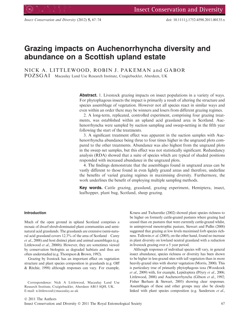 Grazing Impacts on Auchenorrhyncha Diversity and Abundance on a Scottish Upland Estate