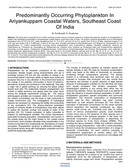 Predominantly Occurring Phytoplankton in Ariyankuppam Coastal Waters, Southeast Coast of India
