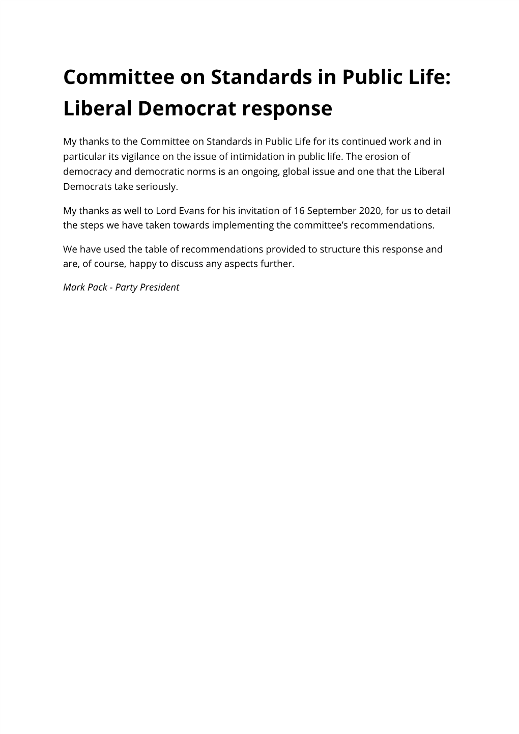 Committee on Standards in Public Life: Liberal Democrat Response