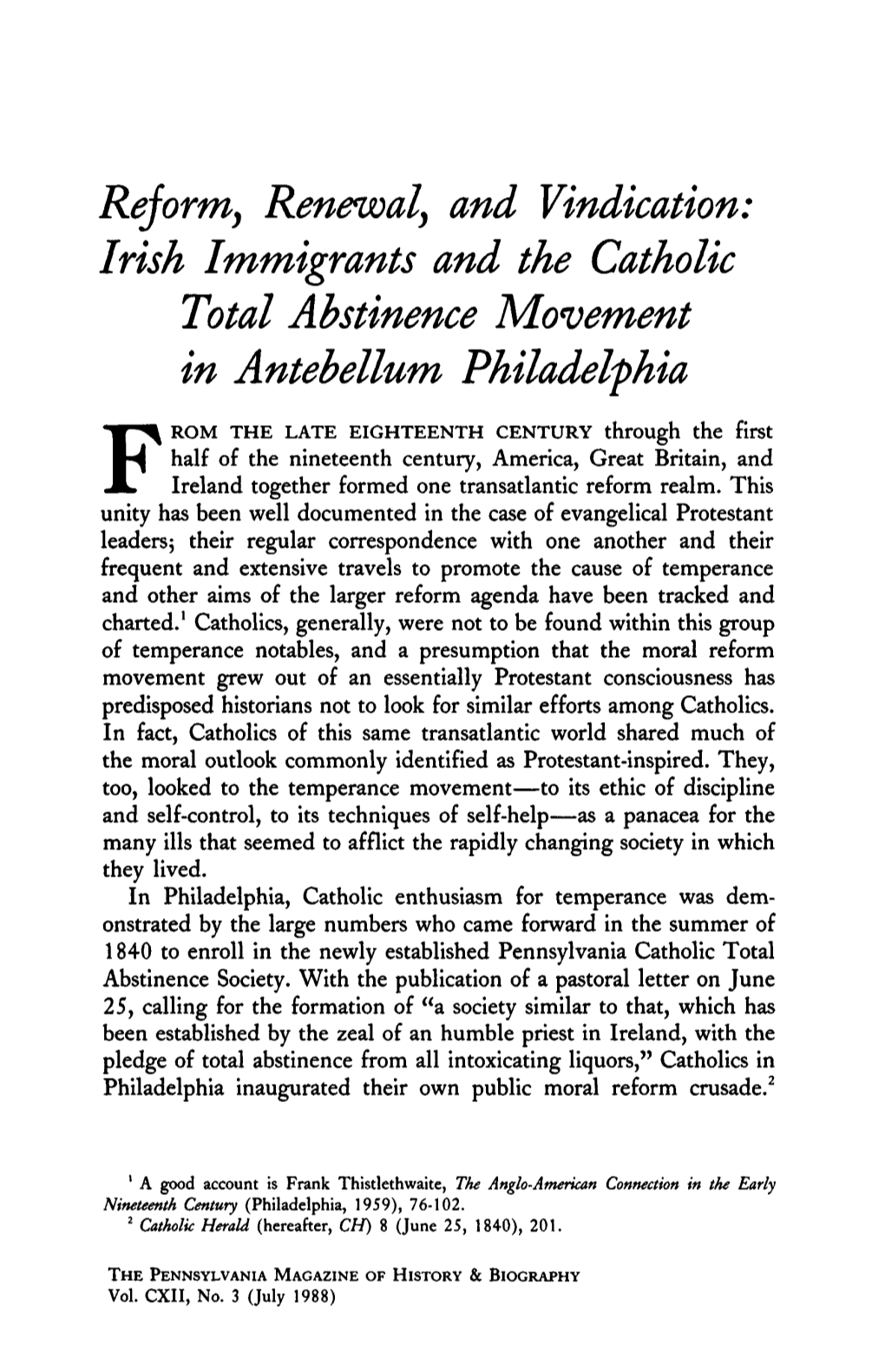 Irish Immigrants and the Catholic Total Abstinence Movement in Antebellum Philadelphia