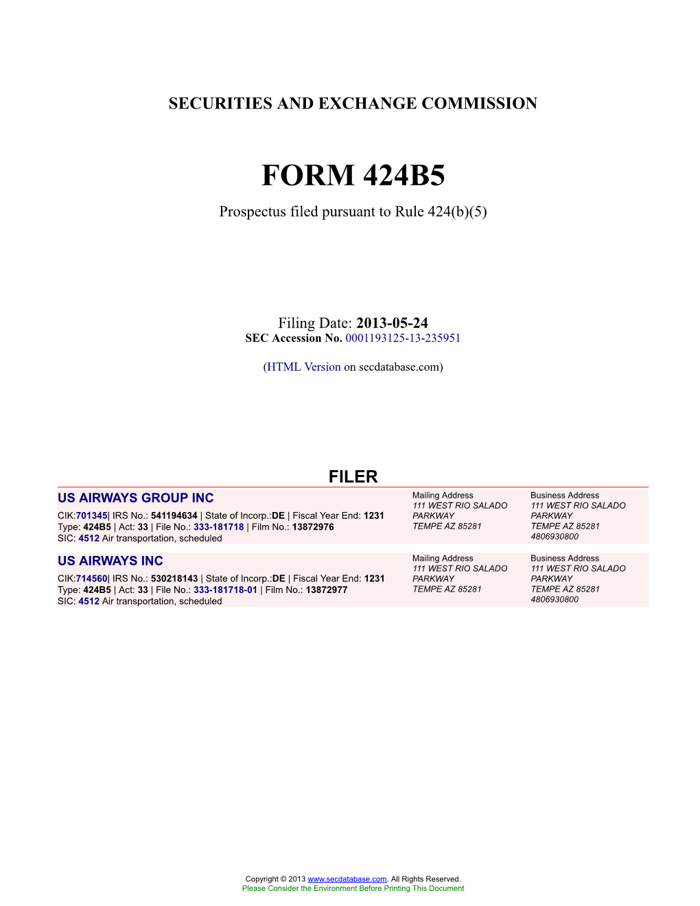 US AIRWAYS GROUP INC Form 424B5 Filed 2013-05-24