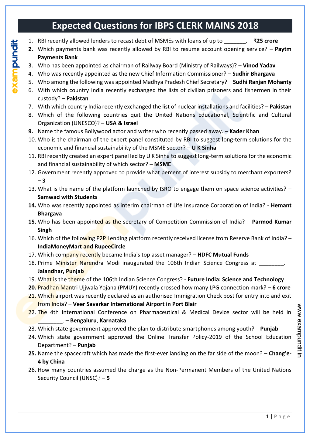 Expected Questions for IBPS CLERK MAINS 2018