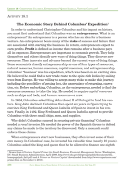 ACTIVITY 18.1 the Economic Story Behind Columbus' Expedition1