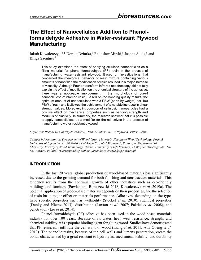 The Effect of Nanocellulose Addition to Phenol- Formaldehyde Adhesive in Water-Resistant Plywood Manufacturing